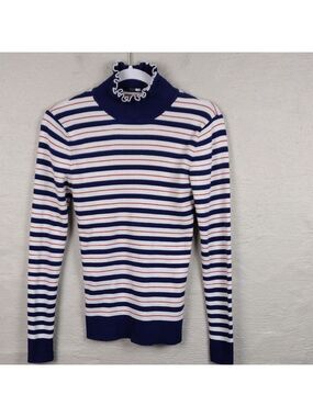 Scotch & Soda Red White Blue Striped Mock Neck Long Sleeve Ribbed Knit Top